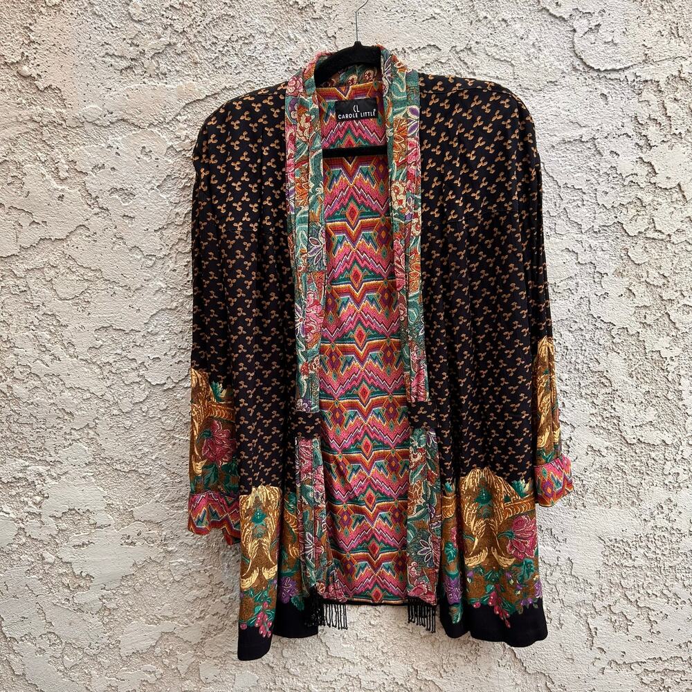 Vintage Carole Little Kimono Jacket Beaded Fringe Patchwork Boho L